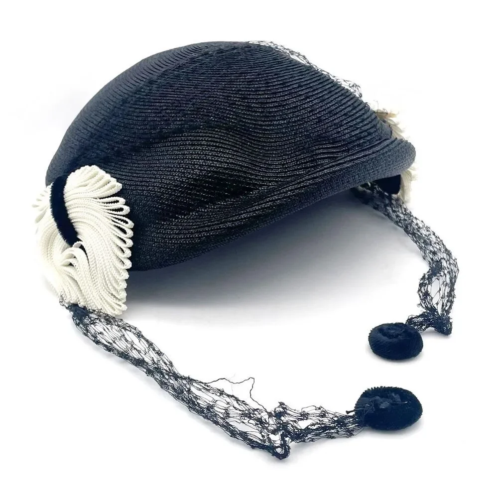Vintage 50s Tilt Hat Black & Cream Straw Close Style Fascinator Black Mesh Veil - Picture 2 of 16